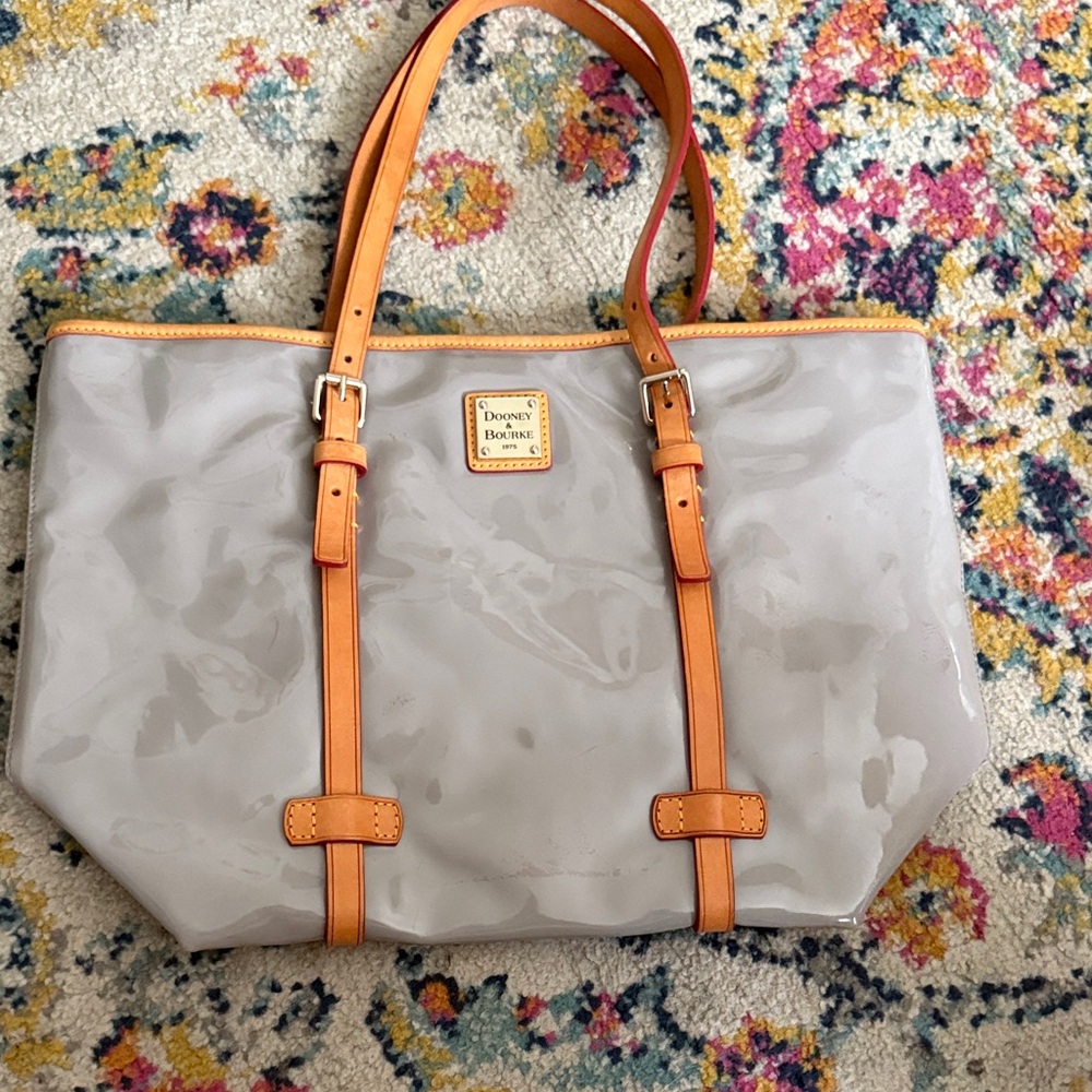 Dooney & Bourke Gray and Tan Tote Bag with Leather Trim